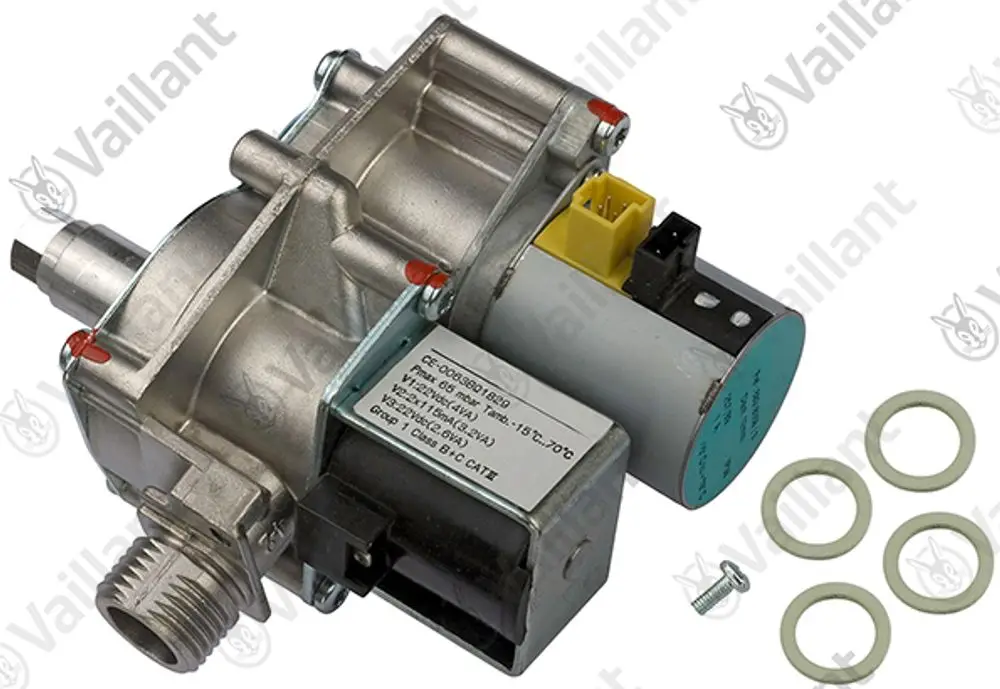 Vaillant Gasarmatur mit Druckregler, bestehend aus einem metalischen Gehäuse, elektrischer Verbindung und mehreren Dichtungsringen auf einem neutralen Hintergrund.